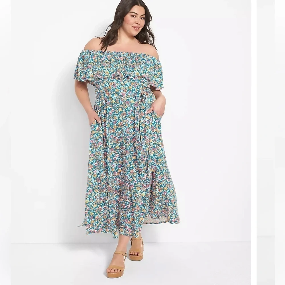 New Lane Bryant Convertible Off the Shoulder Maxi Dress Floral Blue Orange 18-20 - Picture 4 of 14